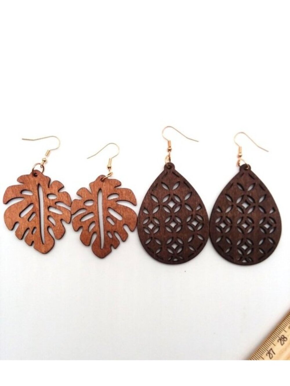 Orante Earrings 2pr Hollow Cut Wood Dangle Boho Fashion Trendy Stylish Leaf Fun